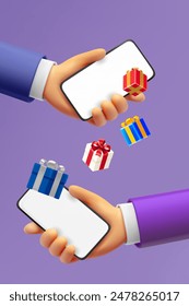 Sending gifts to friend via smartphone. 3d vector illustration
