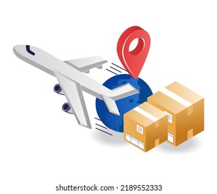 Sending goods abroad by plane in isometric illustration