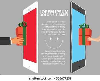 sending happy gift from mobile phone to another smart phone all around people vector illustration