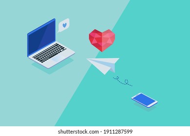 Sending a heart message by a paper plane from a smartphone to laptop - Social media communication