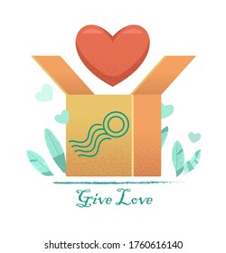 Sending heart vector illustration. Unpacking heart. Giving, posting sending love. Donation, charity, philanthropy. worl humanitarian or valentine,s day poster.