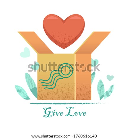Sending heart vector illustration. Unpacking heart. Giving, posting sending love. Donation, charity, philanthropy. worl humanitarian or valentine,s day poster.