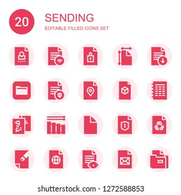sending icon set. Collection of 20 filled sending icons included File, Files, Vibraphone
