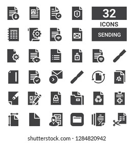 sending icon set. Collection of 32 filled sending icons included File, Files, Sending