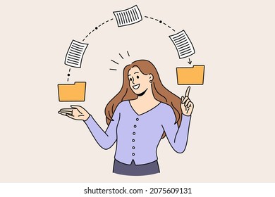 Sending information and knowledge concept. Young smiling woman professional standing pointing at files going from one file holder to another vector illustration 