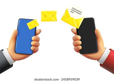 Sending letter concept with two smartphones. 3d vector illustration
