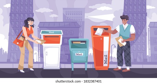 Sending letter flat composition with city landscape background and mailboxes with sender and postal worker characters vector illustration