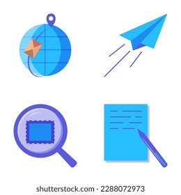 Sending letter icon set in flat style. Mail correspondence around the world, post stamp, writing message. Vector illustration.