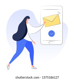 Sending letter, mail, sms, message via smartphone. Modern woman inserts an envelope in the mobile phone screen. Trendy flat vector illustration on white background.