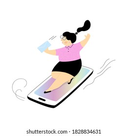 Sending letter, mail, sms, message via smartphone.A young business woman is in a hurry to send a letter.Trendy flat vector illustration on white background.