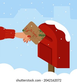 Sending a letter to Santa for Christmas concept. A girl's hand with a postcard and a mailbox. Vector winter illustration on a snow background, for a postcard, web, banner.