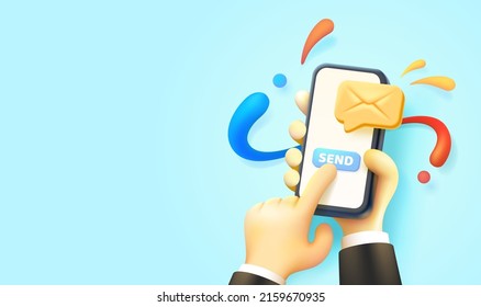 Sending a letter via phone, bright smartphone cover in hands for communication. Vector illustration