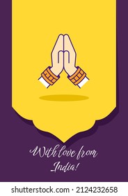 Sending love from India greeting card with color icon element. Postal card from travel. Postcard vector design. Decorative flyer with creative illustration. Notecard with congratulatory message