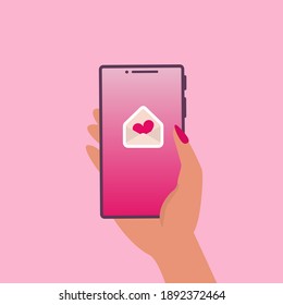 Sending love message concept. Female Hands holding phone with big message - heart on screen. Web sites, banners, infographics design. Vector flat cartoon illustration for valentine's day.