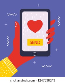 Sending love message concept. Hand holding phone with heart, send button on the screen. Vector flat cartoon illustration for advertisement, web sites, banners, infographics designo or Valentine card