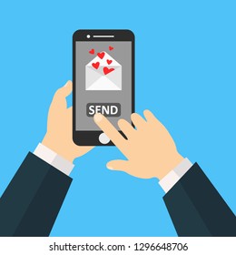 Sending love message concept. Hand holding phone with closed envelope, send button and notification with heart. Finger touch screen. Vector flat cartoon illustration for web sites, banners design .