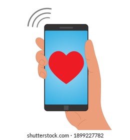 Sendet Liebesbotschaft Konzept. Hand, die ein Telefon mit Herz hält. Vektorgrafik .
