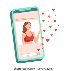 Sending love message concept. Hand holding phone with heart, send button on the screen. Vector flat cartoon illustration.Woman waves her hand, says hello.Online love chat.Romantic internet dating