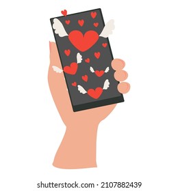 Sending love message concept. Hand holding telephone with heart. Vector illustration .