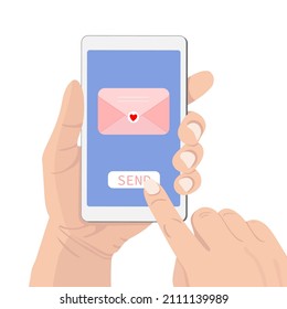 Envía el concepto de mensaje de amor. Teléfono de mano con sobre cerrado con corazón, botón de envío. Pantalla táctil de dedo. Ilustración de dibujos animados planos vectoriales para sitios web, diseño de pancartas