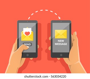 Sending love message concept. Hand holding phone with envelope, send button and notification. Finger touch screen. Vector flat cartoon illustration for web banners, sites, infographics design.