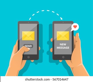 Sending love message concept. Hand holding phone with closed envelope, send button and notification with heart. Finger touch screen. Vector flat cartoon illustration for web sites, banners design