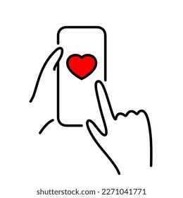 Sending love message concept. Hands holding phone with big heart on screen. Cartoon line illustration for valentine's day