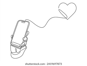 Sendet Liebesbotschaft Konzept. Hände, die ein Telefon mit Herz auf dem Bildschirm halten. Cartoon-Online-Illustration für den Valentinstag.Durchlaufende, einzeilige Zeichnung