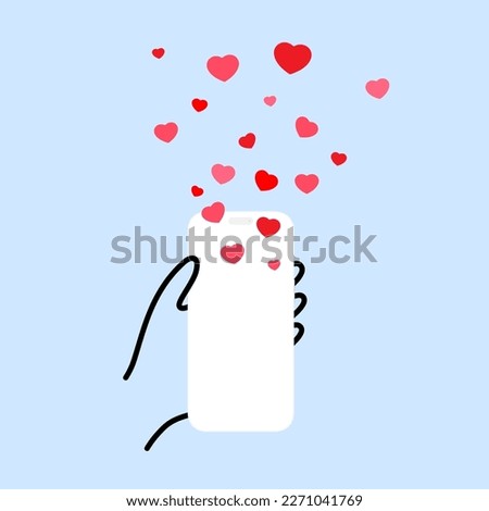 Sending love message concept. Hands holding phone with many hearts on screen. Cartoon line illustration for valentine's day