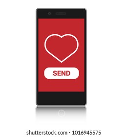Sending love message concept. mobil with red screen, heart and send button. Vector illustration for advertisement, web sites, banners, infographics design