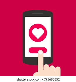 	
Sending love message concept. Phone with heart, send button on the screen. Finger touch screen. Flat design.