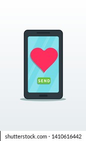 Sending love message, flat smartphone with pink heart and send button on touch screen isolated on white background. Online dating, valentine message. Graphic design element for web banner or poster