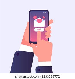 Sending love message. Hand holding cell phone with love heart on screen. Valentines day message vector concept