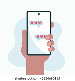Sending love message. Hand holding cell phone with love heart on screen. Send or receive love sms, letter, email with mobile phone.Flat, vector