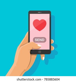 Sending love message to lover with red heart and send button. Hand holding smartphone and finger touch on pink screen background. Happy Valentines Day concept, Vector illustration flat cartoon.