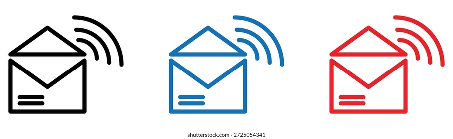 Envío de mensajes de correo electrónico icono de contorno de notificación conjunto: negro, azul y rojo concepto de correo electrónico de Internet
