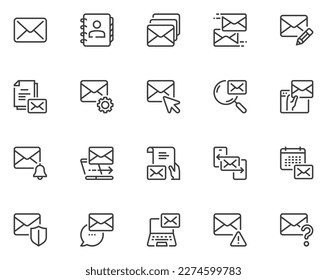 Sending mail messages. Email, newsletter, spam, address book, postal envelope. Vector Line Icons Set. Editable Stroke. Pixel Perfect.