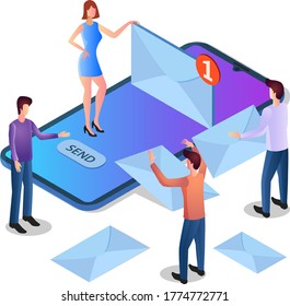 Sending mail online.People use the mobile app.E-mail marketing.People use their smartphones to send messages.Isometric vector image.