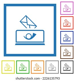 Sending mail outline flat color icons in square frames on white background