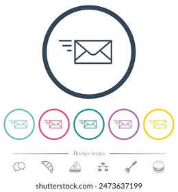 Sending mail outline flat color icons in round outlines. 6 bonus icons included.