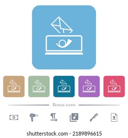 Sending mail outline white flat icons on color rounded square backgrounds. 6 bonus icons included