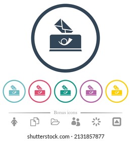 Sending mail solid flat color icons in round outlines. 6 bonus icons included.