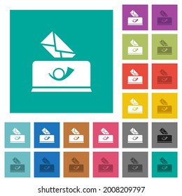 Sending mail solid multi colored flat icons on plain square backgrounds. Included white and darker icon variations for hover or active effects.