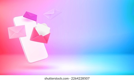 Sending mail via mobile phone. Vector 3d banner with copy space