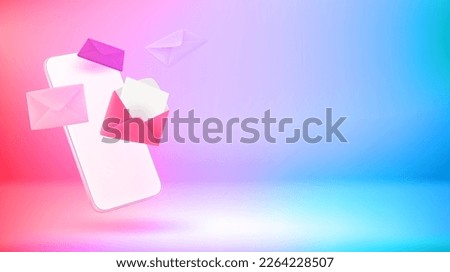 Sending mail via mobile phone. Vector 3d banner with copy space