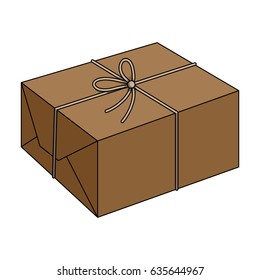 Sending a means of sending things. The package is tied with a bundle. The box in the form of a parcel is brown.Mail and postman single icon in cartoon style vector symbol stock illustration web.