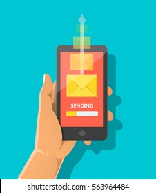 Sending message concept. Hand holding phone with closed envelope and progress bar on the screen. Vector flat cartoon illustration for advertising, web sites, banners, infographics design. RSS feed