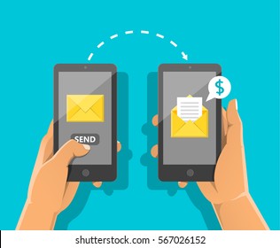 Sending Message Concept. Hand Holding Phone With Closed Envelope, Send Button And Notification With Dollar. Financial, Business Offer. Vector Flat Cartoon Illustration For Web Sites, Banners Design