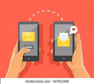 Sending message concept. Man's hand holding phone with closed envelope, send button and notification with heart. Finger touch screen. Vector flat cartoon illustration for web sites, banners design