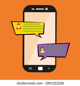 Sending message. Concept of a mobile chat or conversation of people via mobile phones. Flat cartoon illustration for web banners, sites, infographics design. Vector illustration